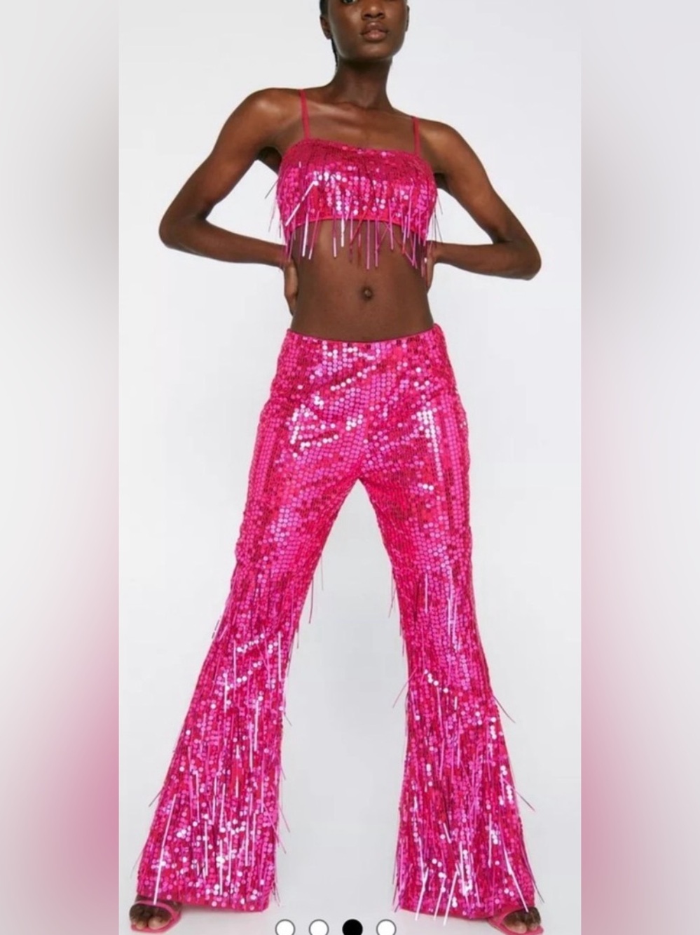 NEW SET Nasty Gal Gal Sequin Tassel Flare Pants & Crop Tank Size US 10 Pink NWT